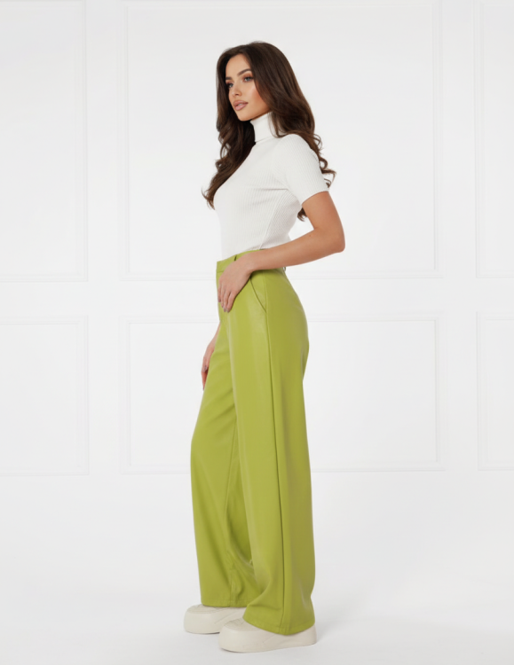 Spodnie Damskie z Eko-Skóry Wide Leg – Kolor Limonka / Pistacja